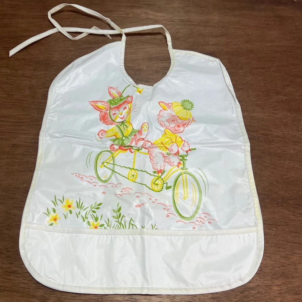 Vintage‎ Dorsey Vinyl Baby Bib Anthropomorphic Kitten Lamb Tandem Bicycle Retro